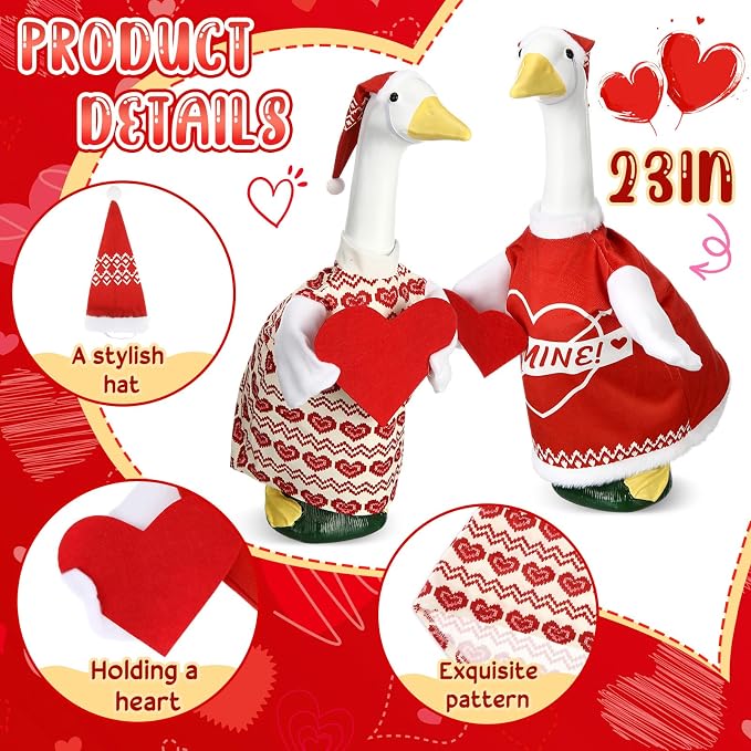 2 Sets Porch Goose Outfit Cute Red Heart Goose Dress Clothes with Headband and Wide Hat Costume for 23" Gooses Statue Decoration Patio Yard Garden Lawn Outdoor Decors