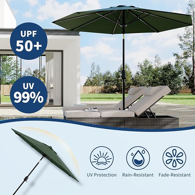 CABIHOME 10 ft Outdoor Patio Umbrella, Outdoor Table Umbrella with 8 Sturdy Ribs | Crank Lift & Push Button Tilt, Yard Umbrella, Market Umbrella for Garden Pool Deck Yard