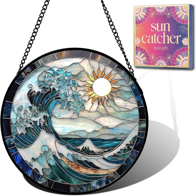 Birthday Gifts for Women - Blue Giant Waves Faux Stained Glass Window Hanging Sun Catcher for Door Garden Acrylic Home Sea Decor Mother's Day for Mom Nana Friend Grandma Wife 7.8"