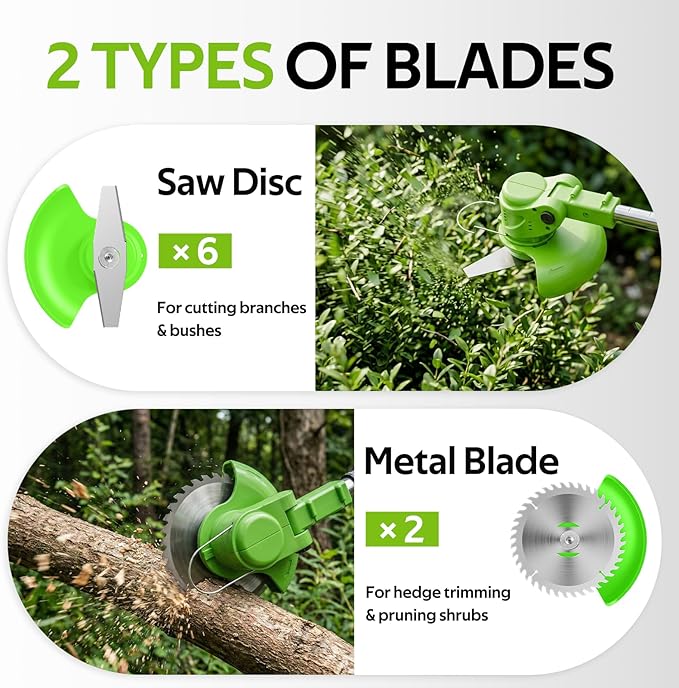 Electric Weed Wacker, Cordless Weed Eater Lightweight Grass Trimmer – 2x2.0Ah Batteries, 60-120 Min Runtime, 2 Types of Blades + Wheels for Garden & Yard Lawn