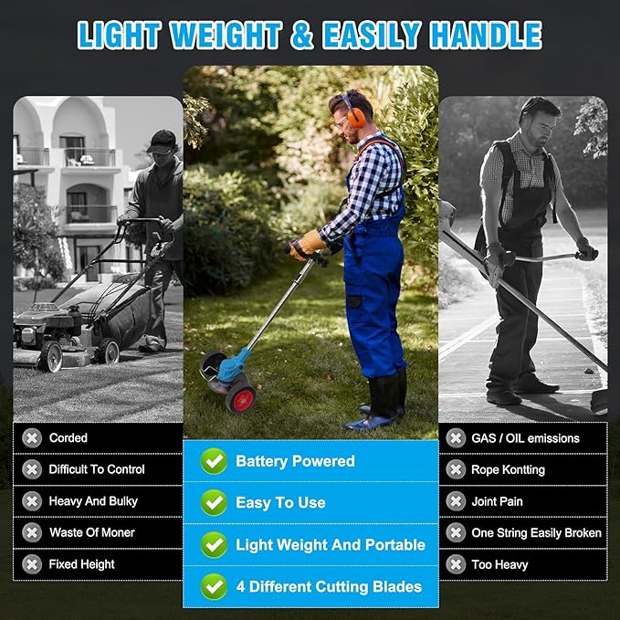 ALSO GO 24V Cordless Weed Wacker Lawn Edger, Electric Lightweight Battery Powered String Trimmer, 3-in-1 Brush Cutter Wire Brush & Guide Wheel for Garden Edging (2 Batteries, 2.0Ah, Blue)