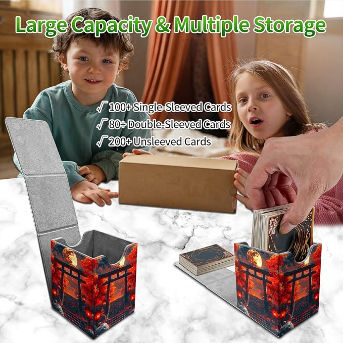 Deck Box for MTG, Cards Storage Box Fits 120+ Sleeved, Leather Medium Size Strong Magnetic Closing Card Case for Board Games Magic TCG CCG Baseball Collection, Red Maple Leaf Moon