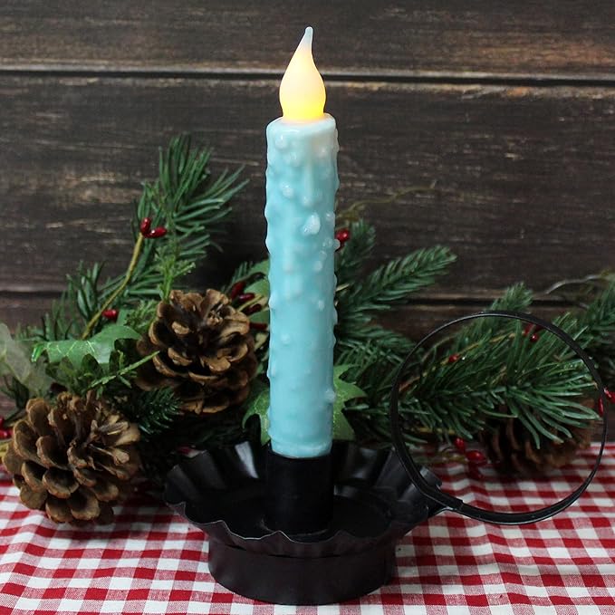 CVHOMEDECO. Real Wax Hand Dipped Battery Operated LED Timer Taper Candles Rustic Primitive Flameless Lights Decor, 6-3/4 Inch, Teal, 3 PCS in a Package