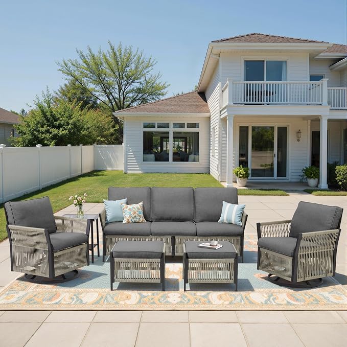 Patio Furniture Set Outdoor/Indoor, Wicker Patio Sofa, 6pcs Furniture Set with Swivel Rocker Chairs, Side Table, Sofa, and Ottomans for Backyard, Garden, Poolside(Grey)