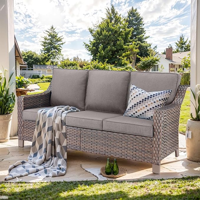Outdoor Couch Wicker Patio Sofa-3-Seat High Back Outdoor Rattan Sofa Outdoor Patio Couch for Deck Balcony Poolside Backyard-Brown/Grey
