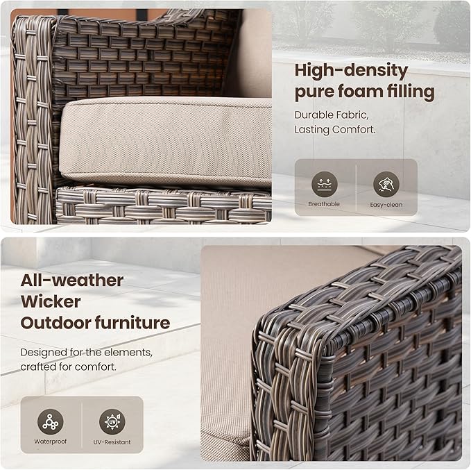 4 Piece Outdoor Patio Furniture Set, All Weather Waterproof Wicker High Back Conversation Set, Two Single Chairs, Solar Light Coffee Table, Outside Furniture for Porch Balcony, Beige