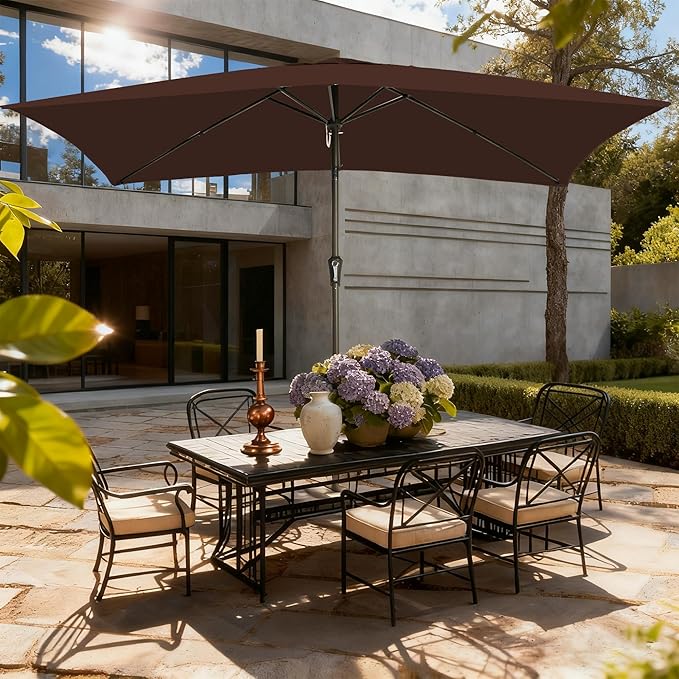 6.5x10FT Rectangular Patio Umbrella with Push Button Tilt & Crank Lift for Garden,UV Protection Outdoor Umbrella for Deck,Pool and Yard,Brown