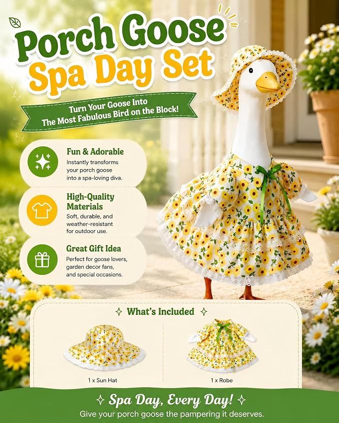 Porch Goose Outfit - Sunflower Dress & Lace Hat Set for 23 Inch Goose Statue,Spring Summer Outdoor Lawn Yard Decor, Home Porch Decoration