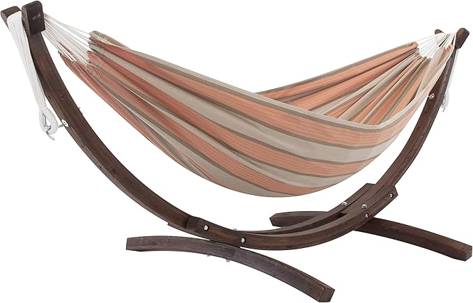 Vivere Double Cotton Hammock with Solid Pine Arc Stand - 450 lb Capacity, Durable FSC Wood Frame, Includes Hardware & User Guide - 450 lb Weight Capacity (Cameo)