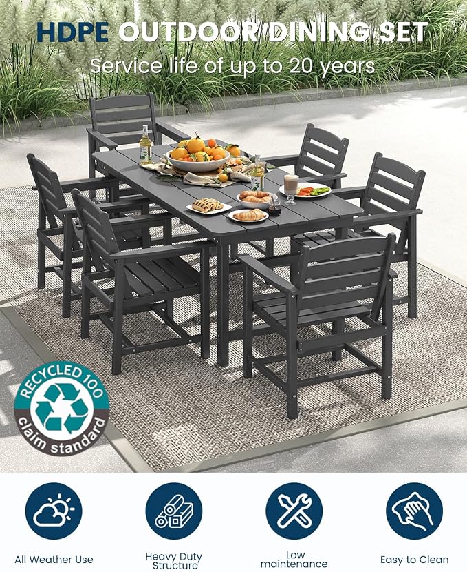 FOOWIN Outdoor Table and Chairs Set 7-Piece HDPE All Weather Patio Dining Set with Umbrella Hole,Outdoor Patio Furniture Dining Set for 6,Patio Kitchen Table Set for Garden,Backyard,Poolside Grey