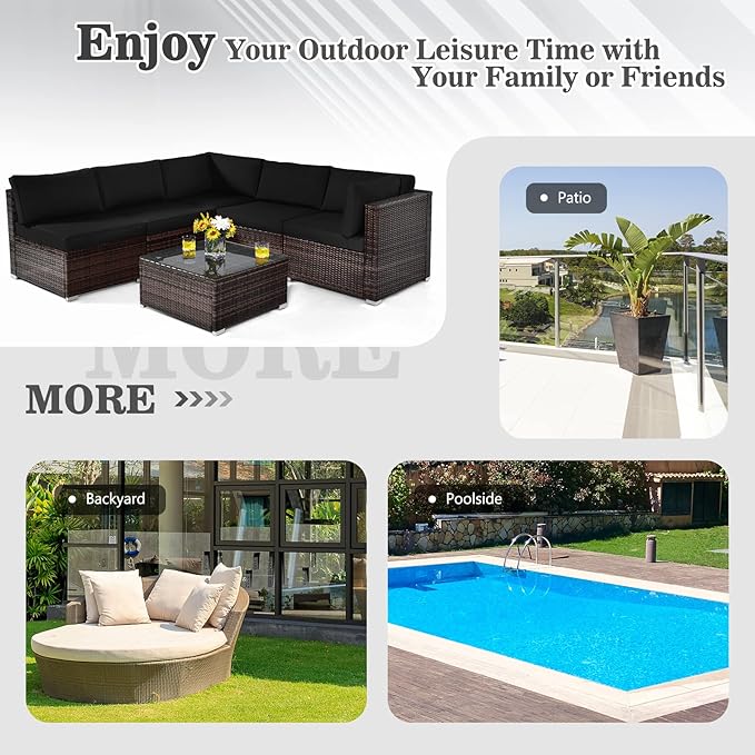 COSTWAY 6-Piece Outdoor Patio Furniture Set, Rattan Sectional Sofa Set with Tempered Glass Coffee Table and Cushions for Garden, Deck, Backyard (Black)