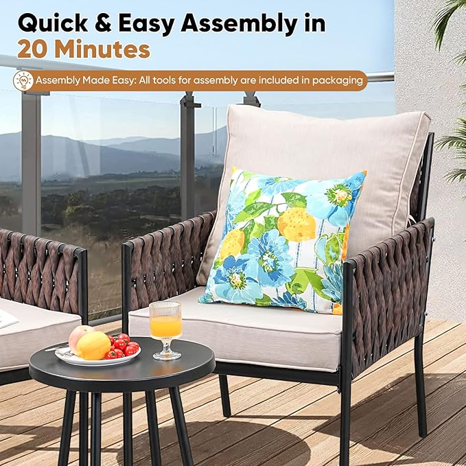 3-Piece Patio Furniture Set, Armchairs with Coffee Table,Modern Wicker Outdoor Conversation Set with Waterproof Thick Cushion for Deck,Backyard,Porch,Beige