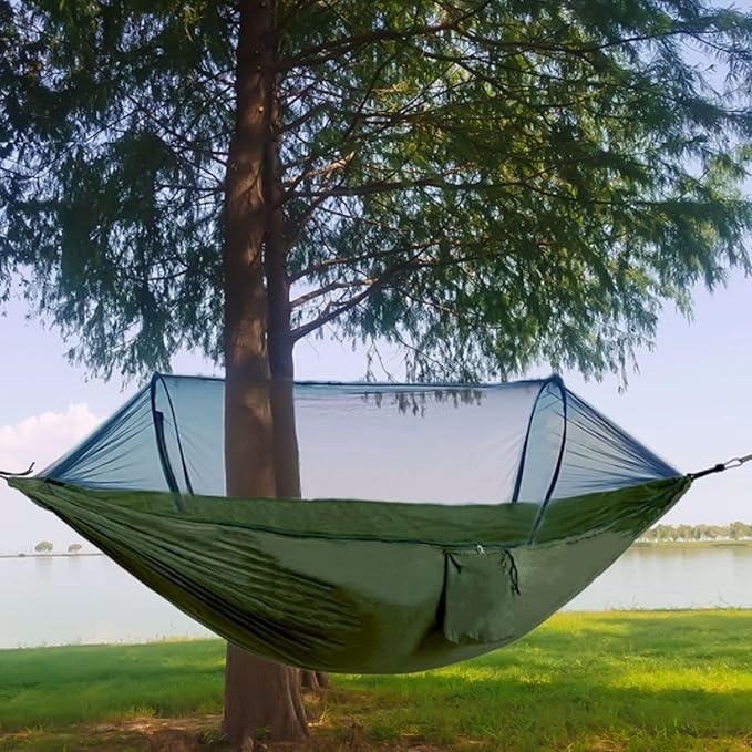 Polyester Hammock Automatic Quick Opening Self-Contained Frame Portable Lightweight Tree Hanging Hammock(Dark-Green)