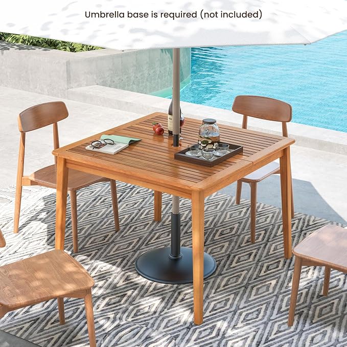 HAPPYGRILL Outdoor Acacia Wood Dining Table for 4 People, 40” Square Patio Bistro Table with Built-in Umbrella Hole, Deck Table for Porch, Garden, Backyard