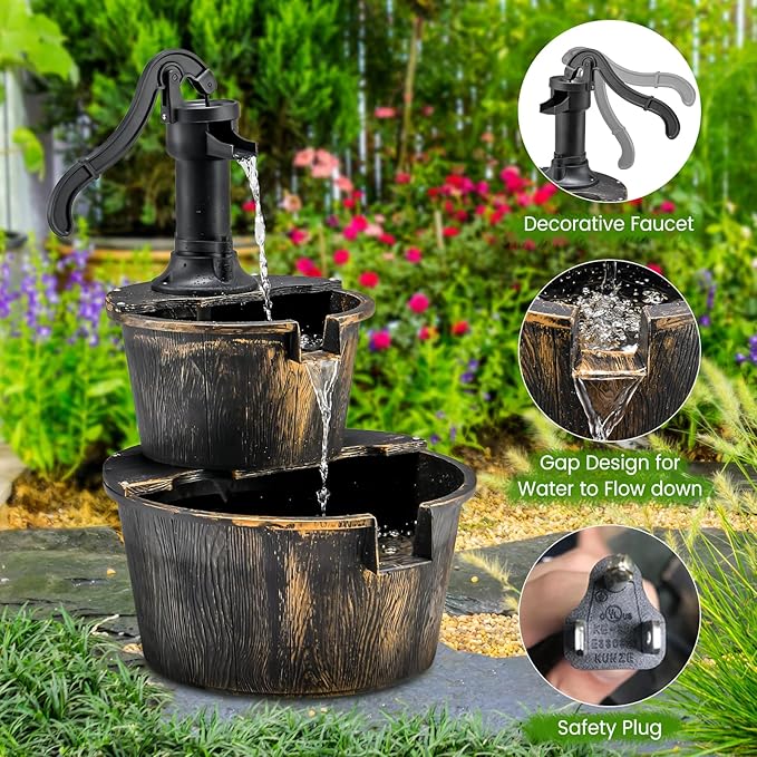 Happygrill Water Fountain Outdoor, 2-Tier Barrel Water Feature Decor with Electric Pump, Freestanding Cascading Waterfall Fountain for Garden Patio Backyard Decor or Porch