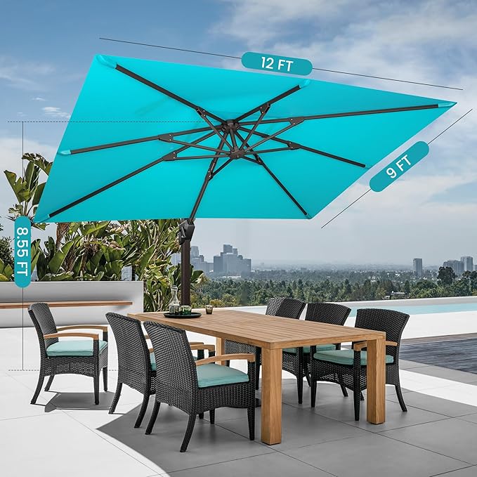 9' X 12' Cantilever Patio Umbrella Rectangular Outdoor Large Offset Umbrellas with 7 Tilts Adjustable 360°Rotation for Deck Pool Garden Backyard, Turquoise