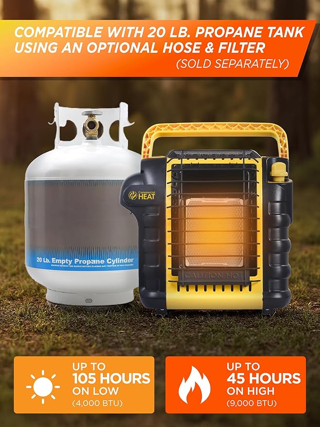 9000 BTU Portable Propane Heater for Outdoor Use, Patio Heater for Up To 300 Sq. Ft., 2 Heat Settings, Swivel Regulator Connects to 1 lb. Propane Tank, CHP9000Y, Yellow