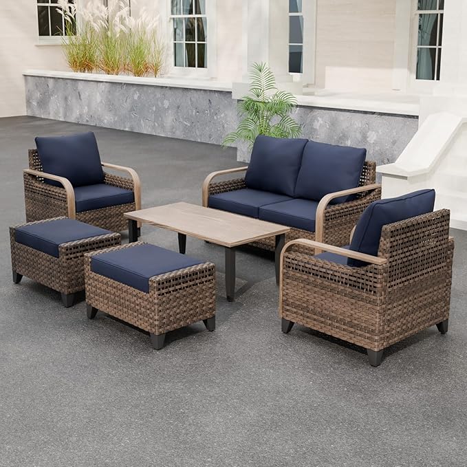 Modern Wicker Patio Furniture Set, Rattan Outdoor Conversation Set with Comfortable Cushions, 2 Patio Chairs, 2 Seat Loveseat, 2 Ottomans and Coffee Table, 6 Pieces, Brown/Blue