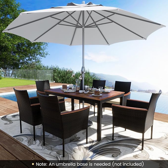 S AFSTAR 7 Piece Patio Dining Set, PE Rattan Outdoor Dining Furniture Set for 6 with Stackable Chairs & Acacia Wood Table, 1.96'' Umbrella Hole, Outdoor Table and Chairs for Backyard, Deck, Garden