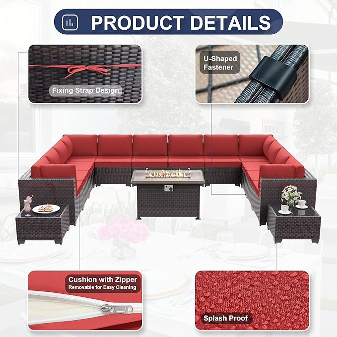 Patio Furniture Set with Fire Pit Table 15 PCS Outdoor Sectional Furniture Rattan Patio Conversation Set with 43in Propane Gas Fire Pit Table and Glass Table, Red