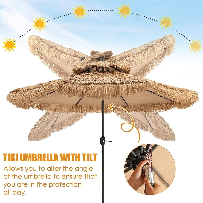Tangkula 9 ft Thatched Patio Umbrella, 2 Tier Hawaiian Style PE Grass Beach Umbrella with 8 Ribs, Tilt Adjustment, Manual Crank, Tiki Umbrella for Backyard, Poolside, Deck