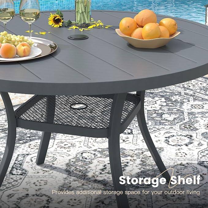 VICLLAX 40.6" Round Metal Outdoor Dining Table for 4, Patio Table with Umbrella Hole and Storage Shelf for Garden, Lawn, Deck, Dark Grey