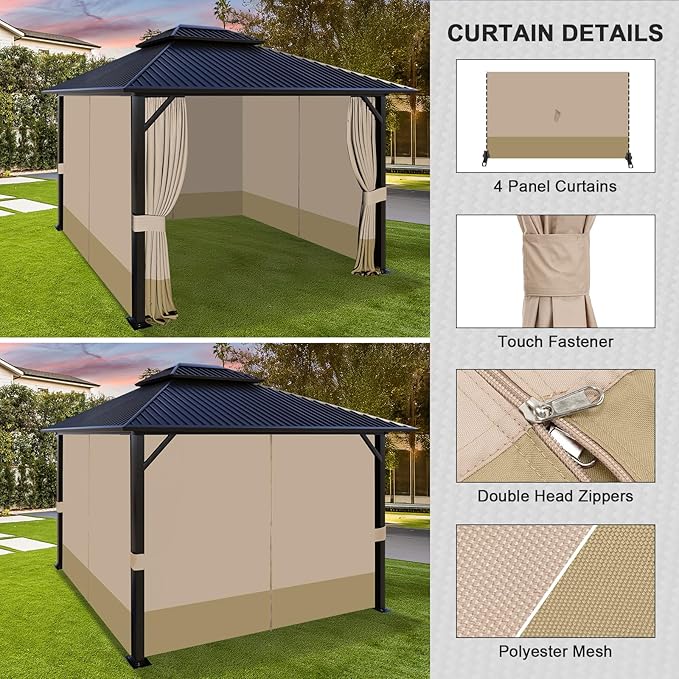 Aoodor 12x12 ft Outdoor Gazebo Curtains, 4 Panels Waterproof Privacy Sidewall Replacement with Zipper for Patio Pergola and Canopy, Sand Yellow and Khaki