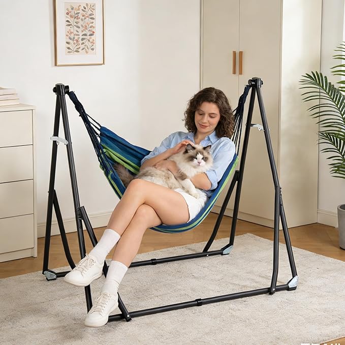 DlandHome Hammock with Stand, Heavy Duty Portable Hammock, 440 lbs Weight Capacity, Hammock Chair with Carrying Bag & Adjustable Steel Stand for Patio, Garden, Beach, Backyard, Blue & Green