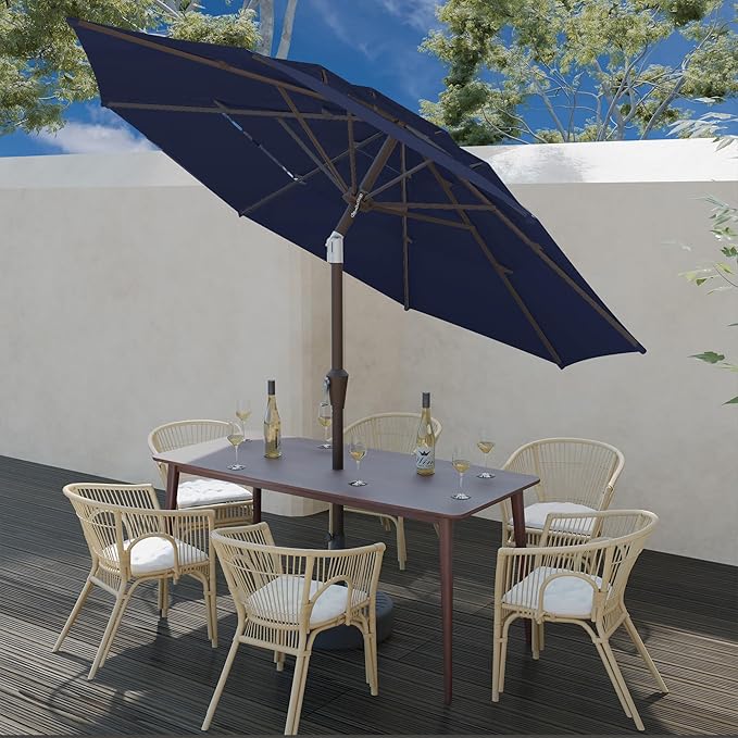 9FT 3 Tiers Patio Umbrella With Auto Tilt And Crank, Outdoor Table Market Umbrella with 8 Sturdy Ribs for Garden, Lawn, Deck, Backyard and Pool