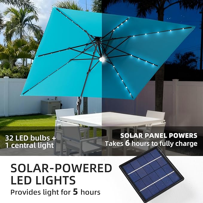 JZAC & QZYD 9x9 FT Outdoor Cantilever Patio Umbrella with Base Included and Solar LED Lights, Large Heavy Duty 2-Tier Square Aluminum Offset Umbrellas with 360-Degree Rotation for Pool Deck, Turquoise