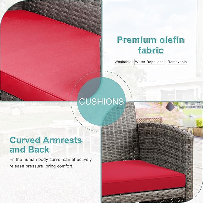 SUNLEI 4 Pcs Outdoor Patio Furniture Sets, Rattan Chair Wicker Conversation Set, Backyard Porch Garden Poolside Gray Rattan Sofa Chair with Cushion for Outdoor Indoor Use (Red)