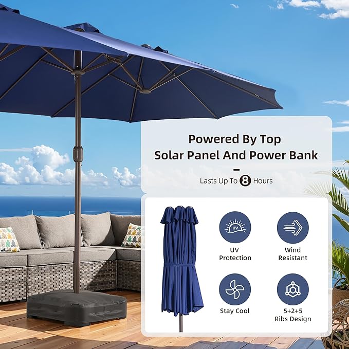 15Ft Patio Umbrella - Large Beach Umbrella W 12 Sturdy Ribs,UPF50 Outdoor Table Umbrella,Picnic Market Umbrella W Base Crank Handle for Pool,Yard,Garden