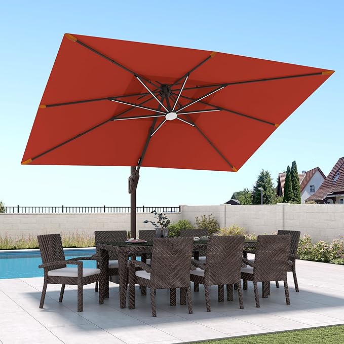 9 X 12 FT Cantilever Patio Umbrella with Led Lights and Base Included Outdoor Heavy Duty Double Top Rectangle Offset Umbrellas with 360-degree Rotation for Pool Deck Backyard, Wine Red