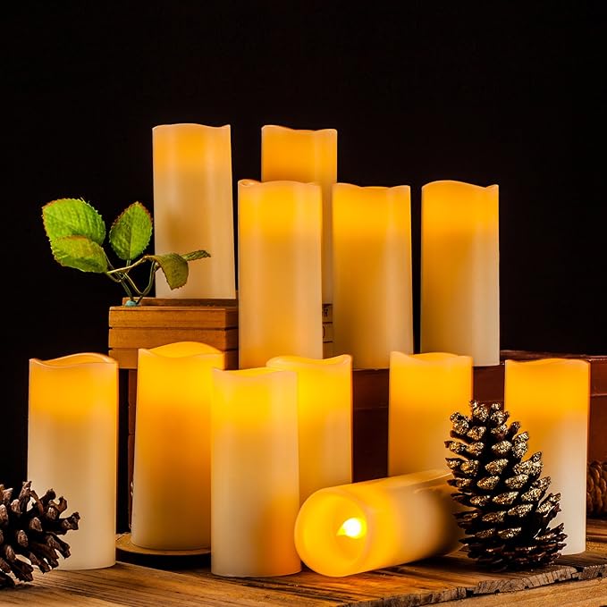 Enpornk Flameless Candles Flickering LED Candles Set of 12 (D:2.2" X H:5") Ivory Real Wax Pillar Battery Opeated Candles with 10-Key Remote and Cycling 24 Hours Timer