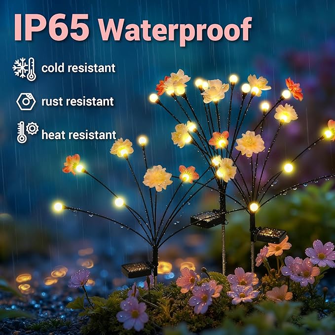 PEVOROS Solar Garden Lights, Warm White LED Swaying Solar Flowers Light for Outside, Waterproof Garden Decor, Outdoor Decorative Lights Yard, Patio, Pathway Decoration Gardening Gifts (4 Pack)