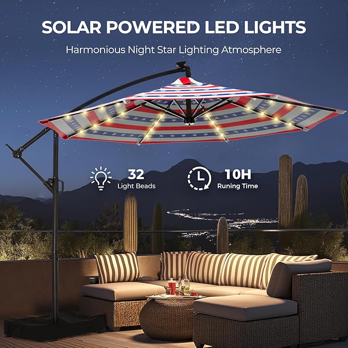 10ft Solar LED Cantilever Patio Umbrella, Stars and Stripes Patriotic Design Offset Outdoor Umbrella, Large Red White Blue Sun Shading with Base, Flag-Themed Decor for 4th of July, Memorial Day