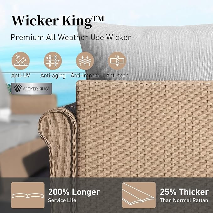 Patio Furniture Set 6 pcs, Wicker Rattan Outdoor Furniture with 5.5” Thick Cushions, 3-Seat Sofa, 2 Chairs, 2 Ottomans and Coffee Table, Outdoor Conversation Set for Garden Backyard Deck, 7 Seats Grey