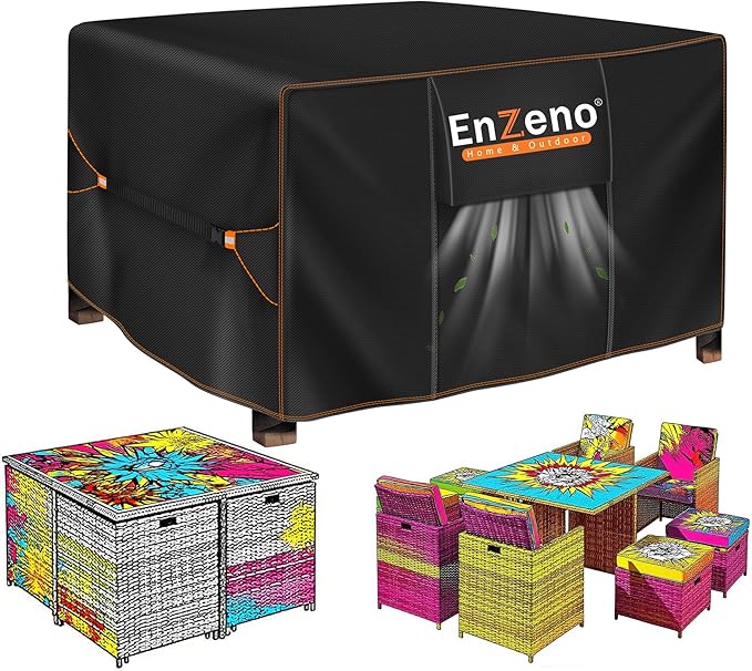Enzeno Patio Furniture Set Cover Waterproof, Square Outdoor Table and Chair Set Covers, Heavy Duty Outside Weatherproof Garden Rattan Set Covers for Protection 49" L x 49" W x 28" H Black