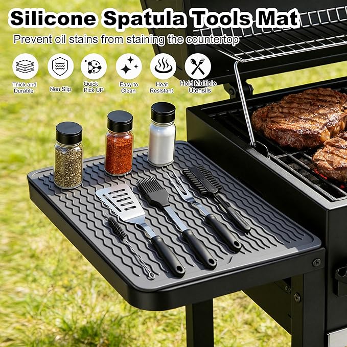 Silicone Grill Tools Mat for Blackstone Weber Traeger Pit Boss Flat Top Grill Smoker,BBQ Accessories Pad Mats for Outdoor Kitchen Counter Cooking, Side Shelf Spatula Mat,Gifts for Men (Grey)