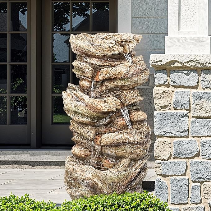 Jocoevol 32" High 5-Tiers Cascading Rock Outdoor Water Fountain with LED Lights and Pump, Natural Wood Look Waterfall Outdoor Features, Large Water Fountain for Garden, Patio, Yard