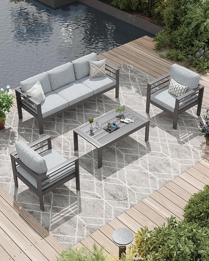 AECOJOY Aluminum Patio Furniture Set, 5 Seats Modern Outdoor Furniture with Coffee Table, 4 Pieces Metal Conversation Sectional Sofa, Light Gray