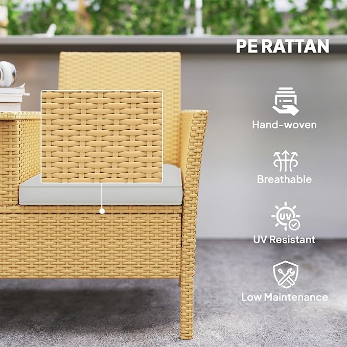 Chair with Center Table, Patio Loveseat for Garden Porch, Chairs with Coffee Table, Patio 2-Seat Chair,Outdoor Patio Loveseat Modern Patio Conversation Set & Built-in Coffee Table Porch Furniture
