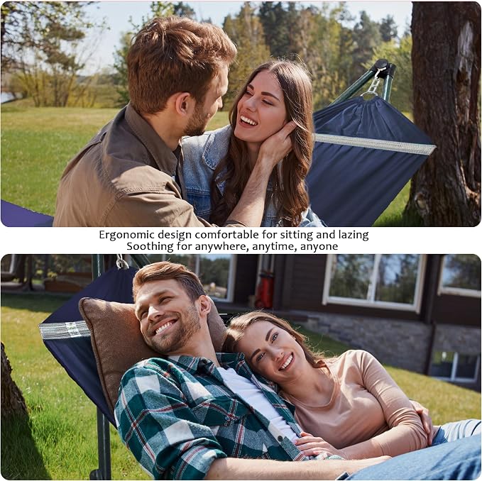 Tranquillo Ultimate Relaxation Portable Hammock Stand with Cotton Canvas Net, Spreader Bar, Quick Fold Unfold in 30 Seconds Steel Frame Hammock 600 lbs Capacity Outdoor, Navy