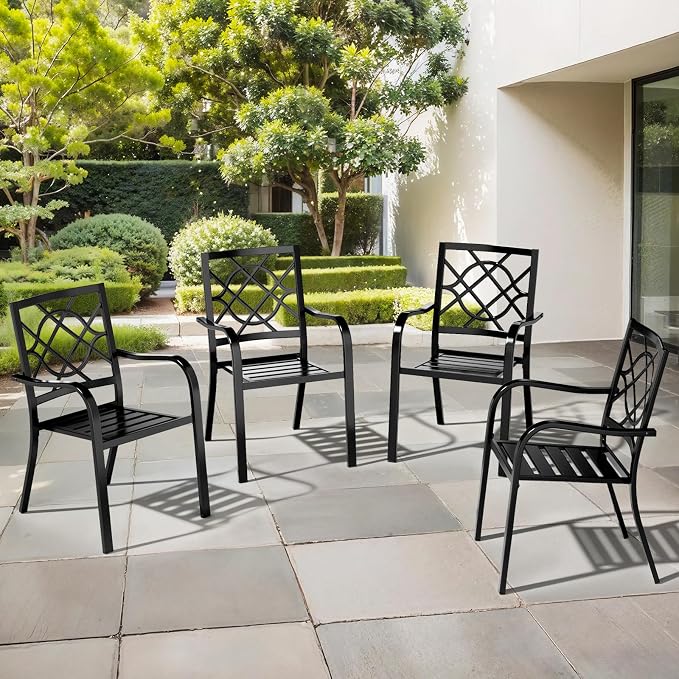 Oakcloud 4 Pieces Patio Wrought Iron Chairs, Metal Outdoor Dining Set, Stackable Bistro Chairs with Armrest for Garden Backyard, 300 LBs, Black