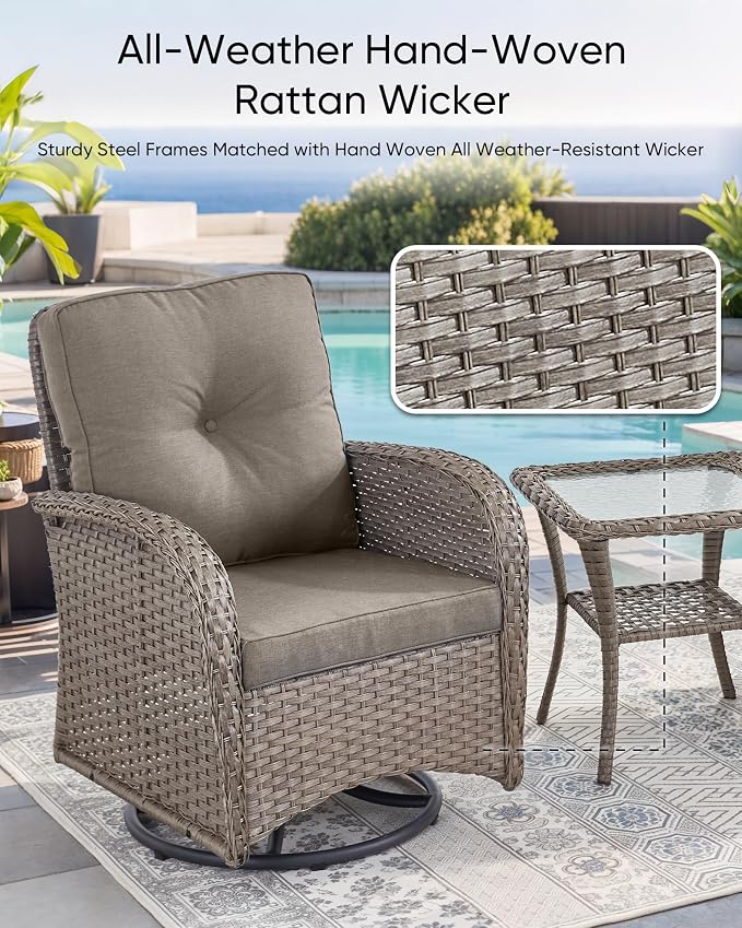 HUMMUH 3-Piece Outdoor Wicker Swivel Rocker Bistro Set, Grey | 2 swivel rocker chairs, 2-tier side table, 4 in Olefin cushions, removable covers, for porch, balcony, and poolside