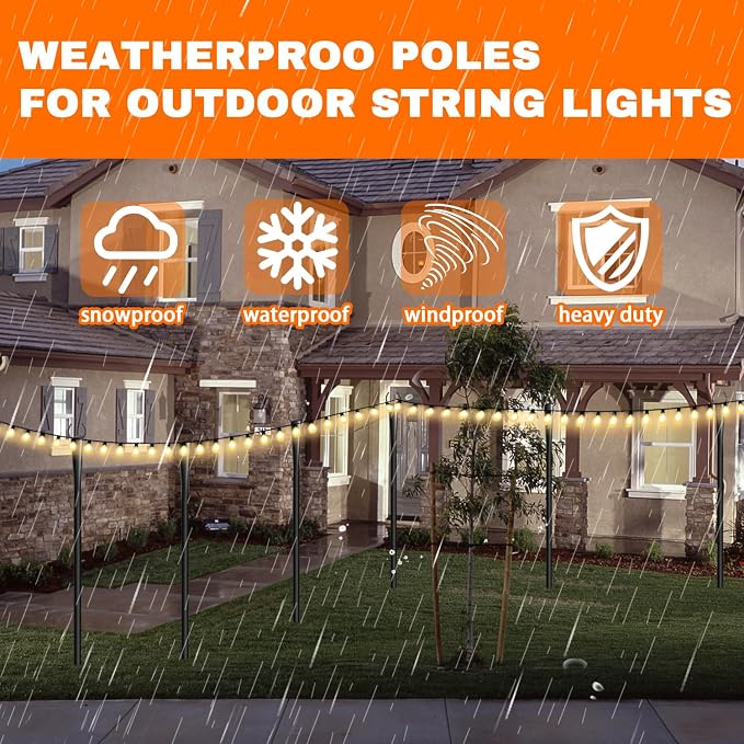 6 Pack 10Ft String Light Poles, Metal Poles with Fork for Outside Lights,Outdoor Metal Light Stand with Fence Brackets Hanging Lights for Garden Patio Wedding Backyard Deck Party
