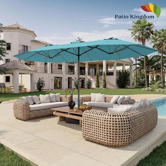 15FT Double Sided Patio Umbrella with Base Included Large Outdoor Market Umbrella with Crank Handle, UV Resistant Canopy, Sturdy Frame for Garden, Poolside, Deck, Sky Blue