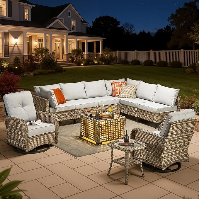 10 Pieces Outdoor Sectional Patio Furniture Set with Swivel Rocking Chairs,Wicker Conversation Sets Rattan L Shaped Couch,Modular Outdoor Sofa for Porch Balcony Backyard Grey