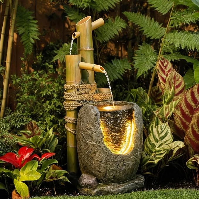 31" H 3 Tiered Bamboo & Imitation Rock Water Fountain - Natural Zen Decor with LED Lights Cascading Waterfall Design for Outside&Indoor - Suitable for Garden/Patio/Yard/Deck/Balcony （Resin）