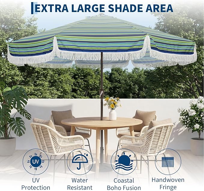 Garvee 10FT Fringe Patio Umbrella with Crank Handle, Push Button Tilt for Sun Shade, 8 Fiberglass Ribs,1.5"D Premium Steel Pole, Outdoor Large Tassel Umbrella for Patio Beach Pool Backyard,10' Stripe